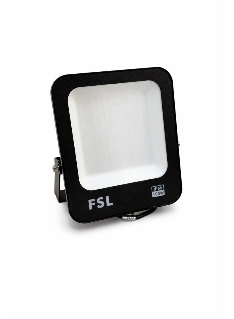 كشاف LED ‏FSL بقدرة 100 واط إضاءة دافئة، مقاوم للماء بمعيار IP65 للاستخدام الخارجي، زاوية إضاءة واسعة 120°، معامل تجسيد لوني CRI >80، تشغيل فوري، حتى 15,000 دورة تشغيل/إيقاف، ضمان 3 سنوات